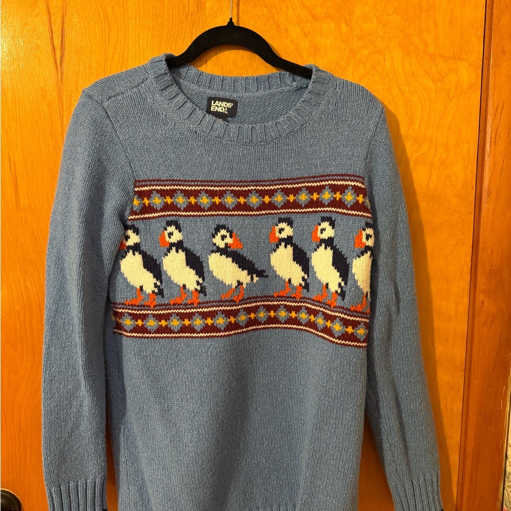 Lands' End Cozy Persian Blue Puffins Sweater